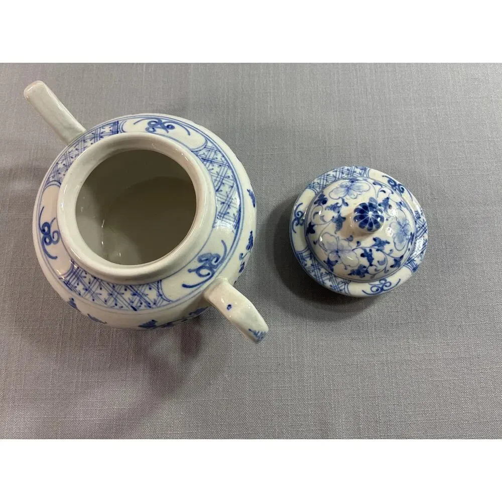 Blue White Ceramic Covered Sugar Bowl Mini Teapot Chinoiserie Decor